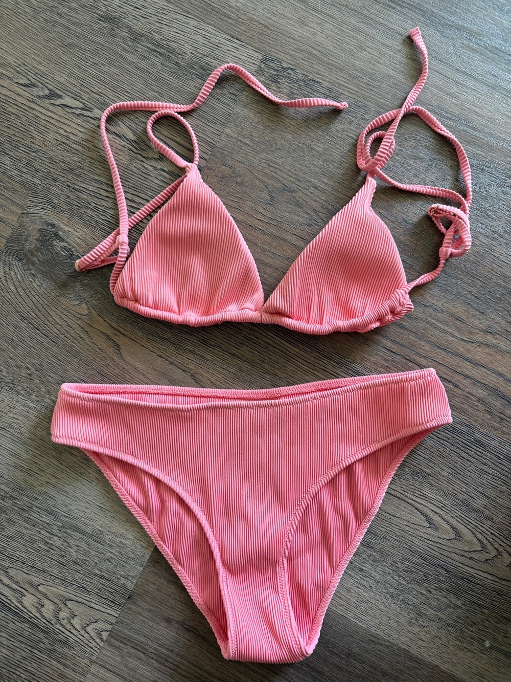 Ribbed Triangle Bikini Set - Coral Pink
